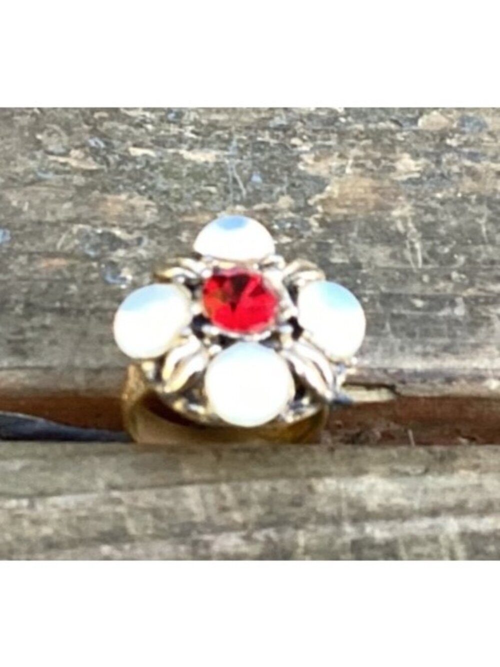 Vintage Ornate Faux Opal and Red Rhinestone Gold Tone Adjustable Cocktail Ring - Picture 3 of 7